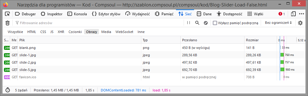 Proces wczytywania zdjęć z włączoną opcją preload