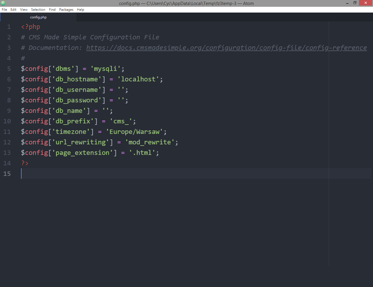Plik config.php otwarty w edytorze