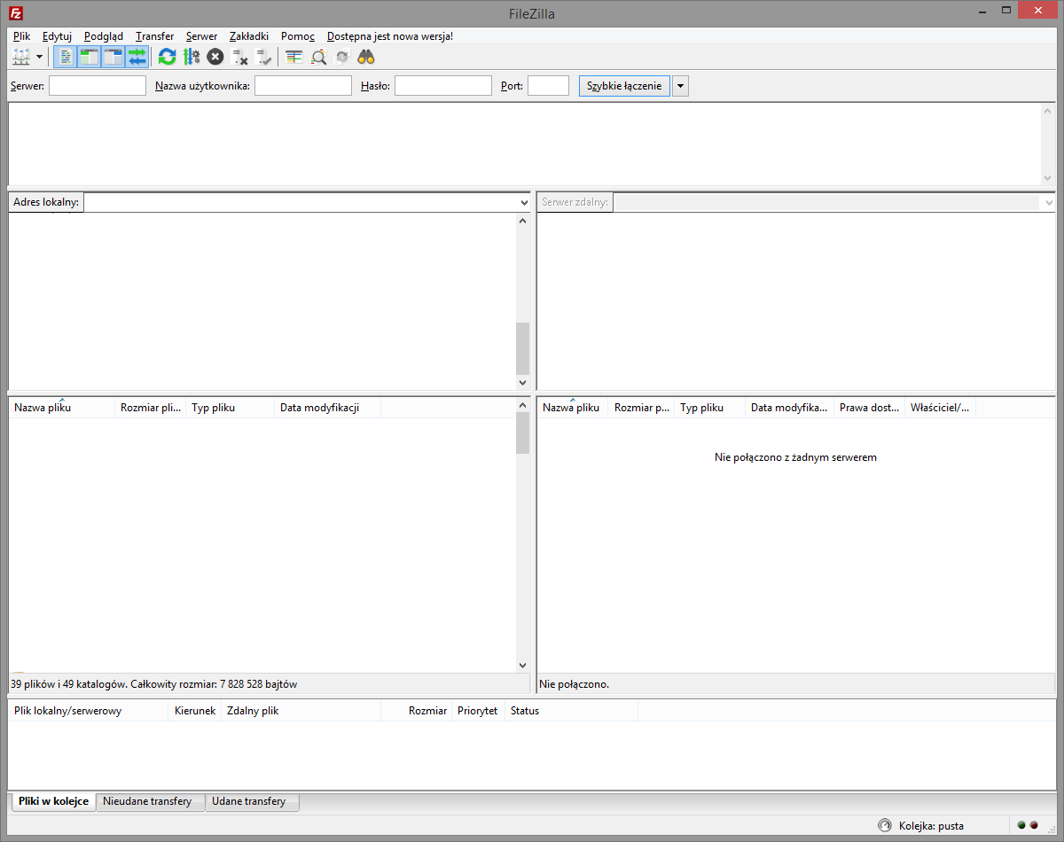 Okno programu FileZilla