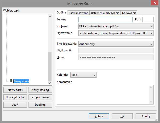 Okno programu FileZilla