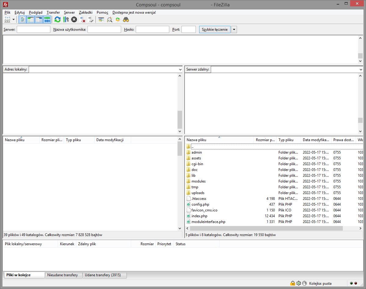 Okno programu FileZilla