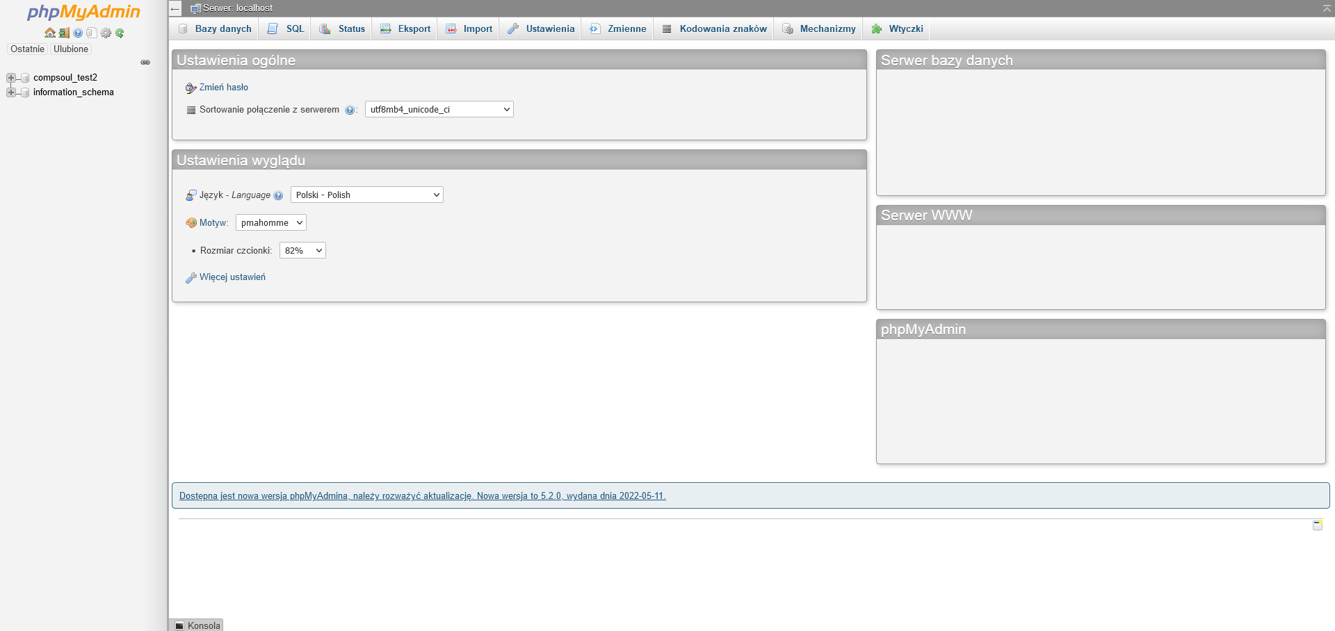 Okno oprogramowania phpMyAdmin