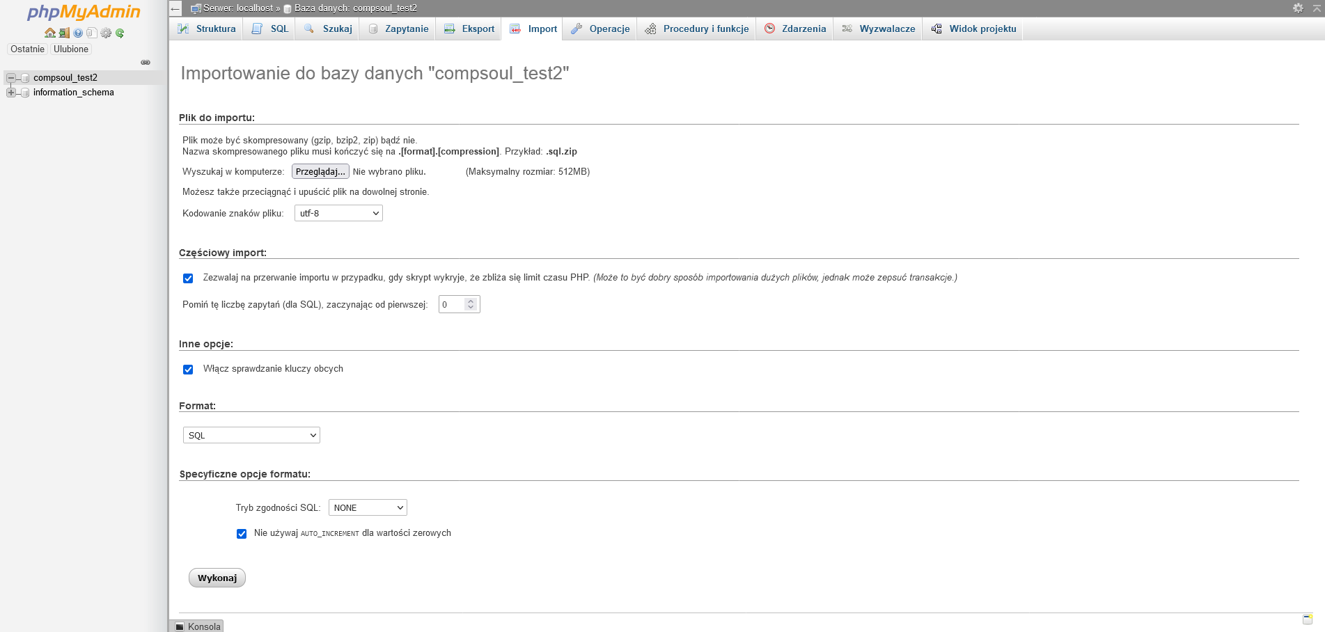 Okno oprogramowania phpMyAdmin